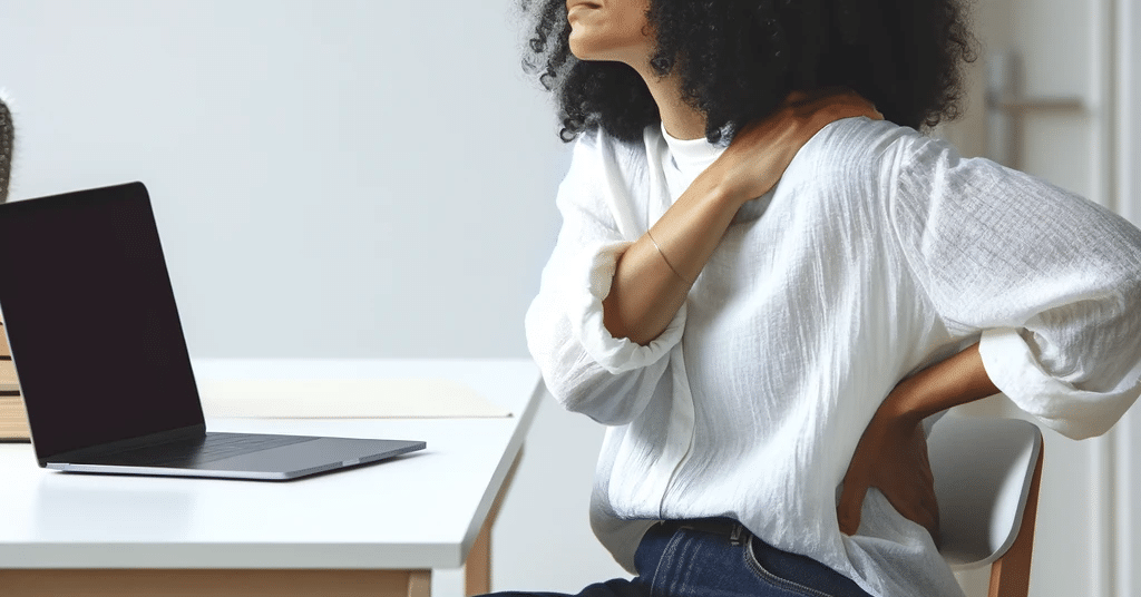 Kvinde sidder ved skrivebord og oplever smerter på grund af slidgigt i ryggen
